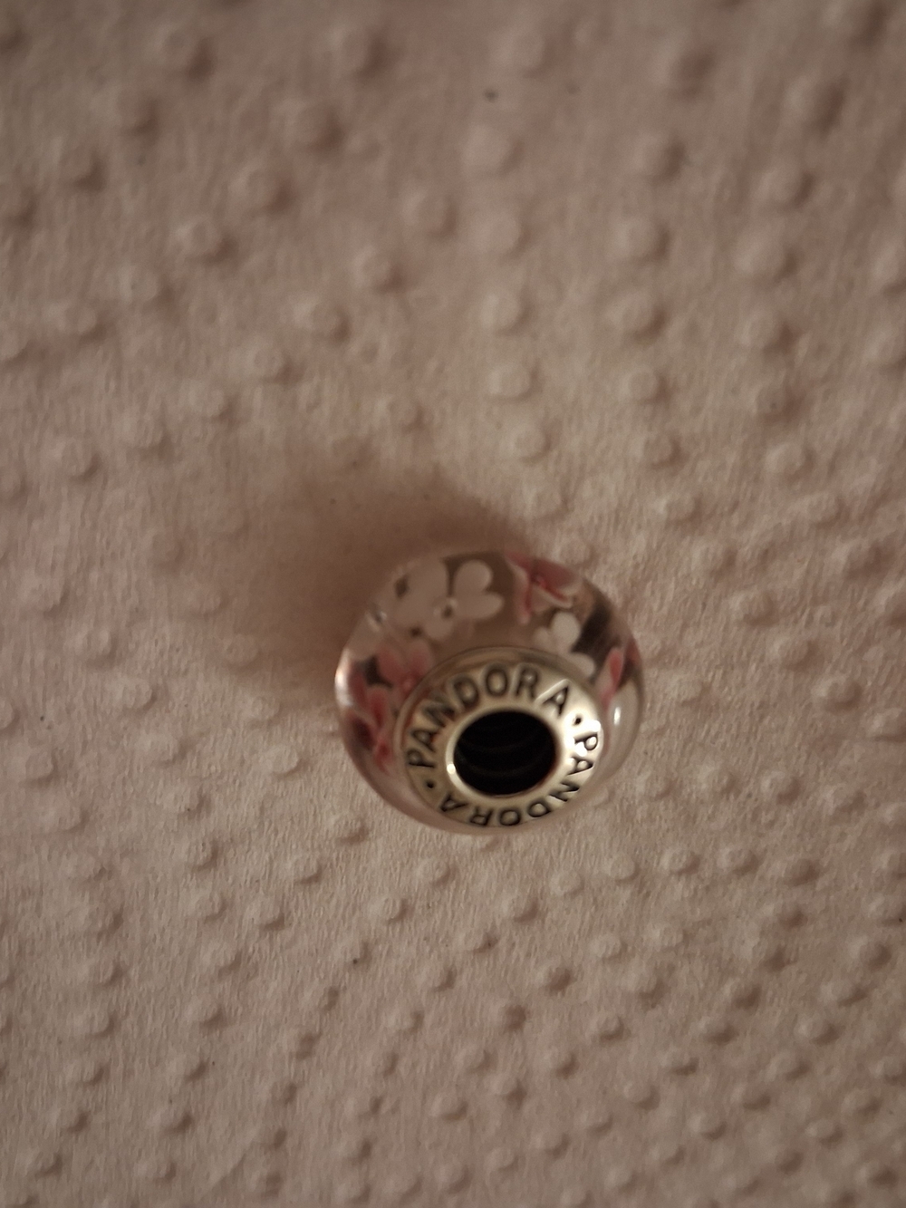 1 Pandora Sterling Silver S925  Pink and White Floral Murano Glass Charm